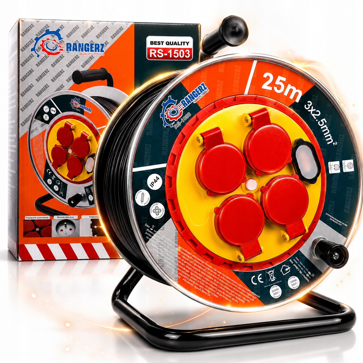 Przedłużacz bębnowy 25 m — RANGERZ RS-1503, 3×2,5 mm², IP44