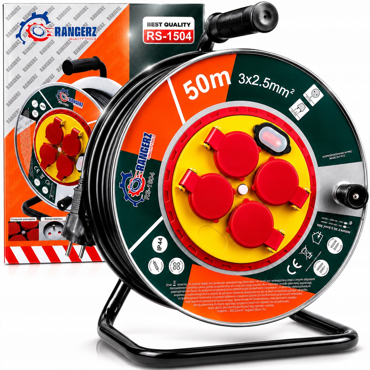 Przedłużacz bębnowy 50 m — RANGERZ RS-1504, 3×2,5 mm², IP44